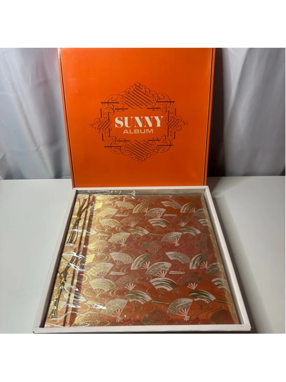 Vintage New NIB Sunny Photo Album Japan Gold & Orange Silk Brocade Fan & Tassel